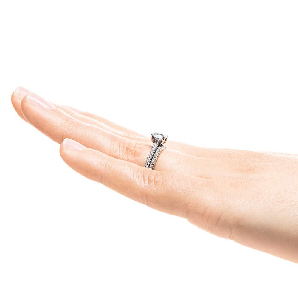Wedding Set shown with a 1.0ct Lab-Grown Diamond with accenting diamonds on the band in recycled 14K white gold 