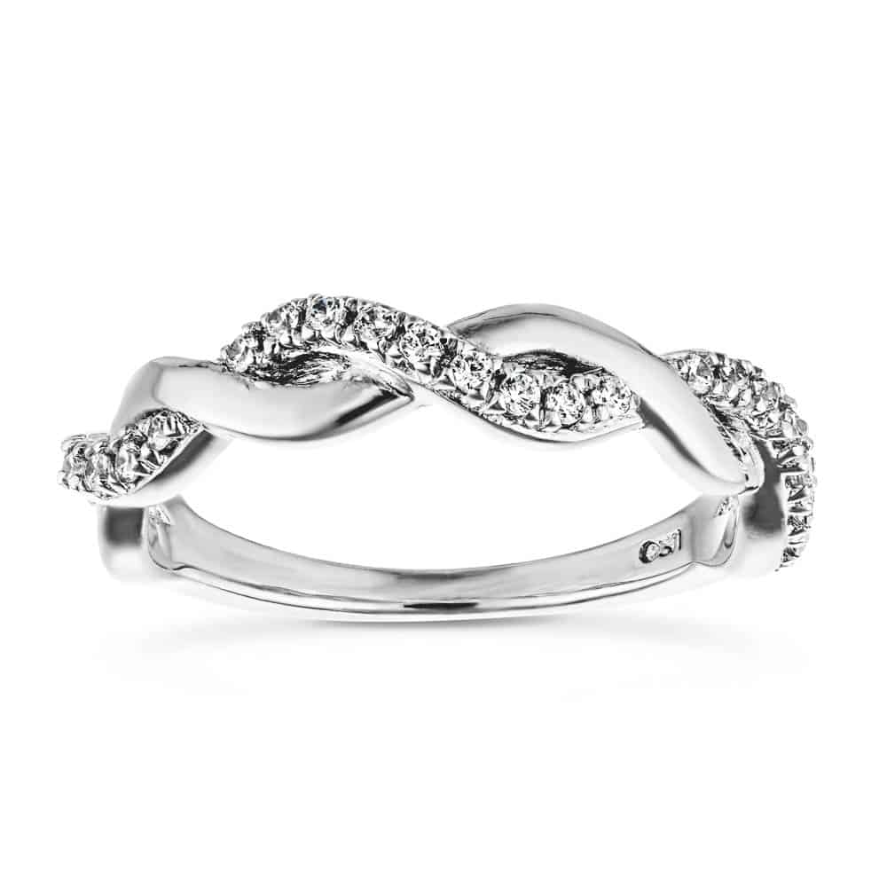 Shown in 14k White Gold|Diamond entwined twisting design wedding band in 14k white gold