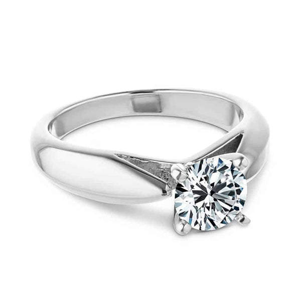 Shown with 1ct Round Cut Lab Grown Diamond in Platinum|Modern solitaire engagement ring with wide band and cathedral style design featuring 1ct round cut lab grown diamond in platinum
