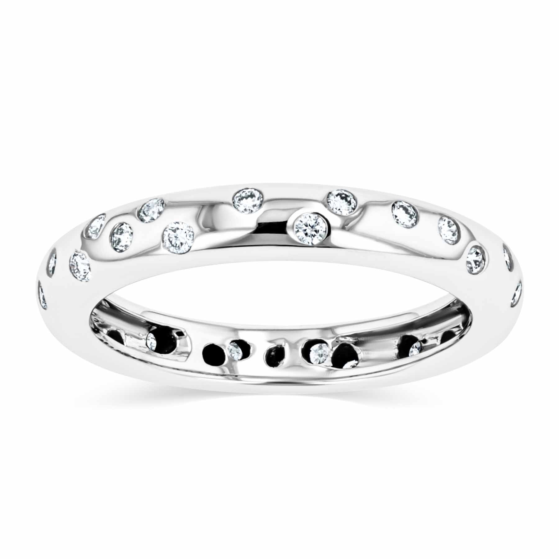 Shown in 14K White Gold|scattered eternity lab grown diamond band in 14k white gold metal