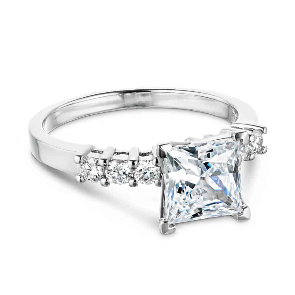 Shown with 2ct Princess Cut Lab Grown Diamond in 14k White Gold|Accented engagement ring with round cut lab ground diamond accents and a 2ct princess cut lab grown diamond in 14k white gold