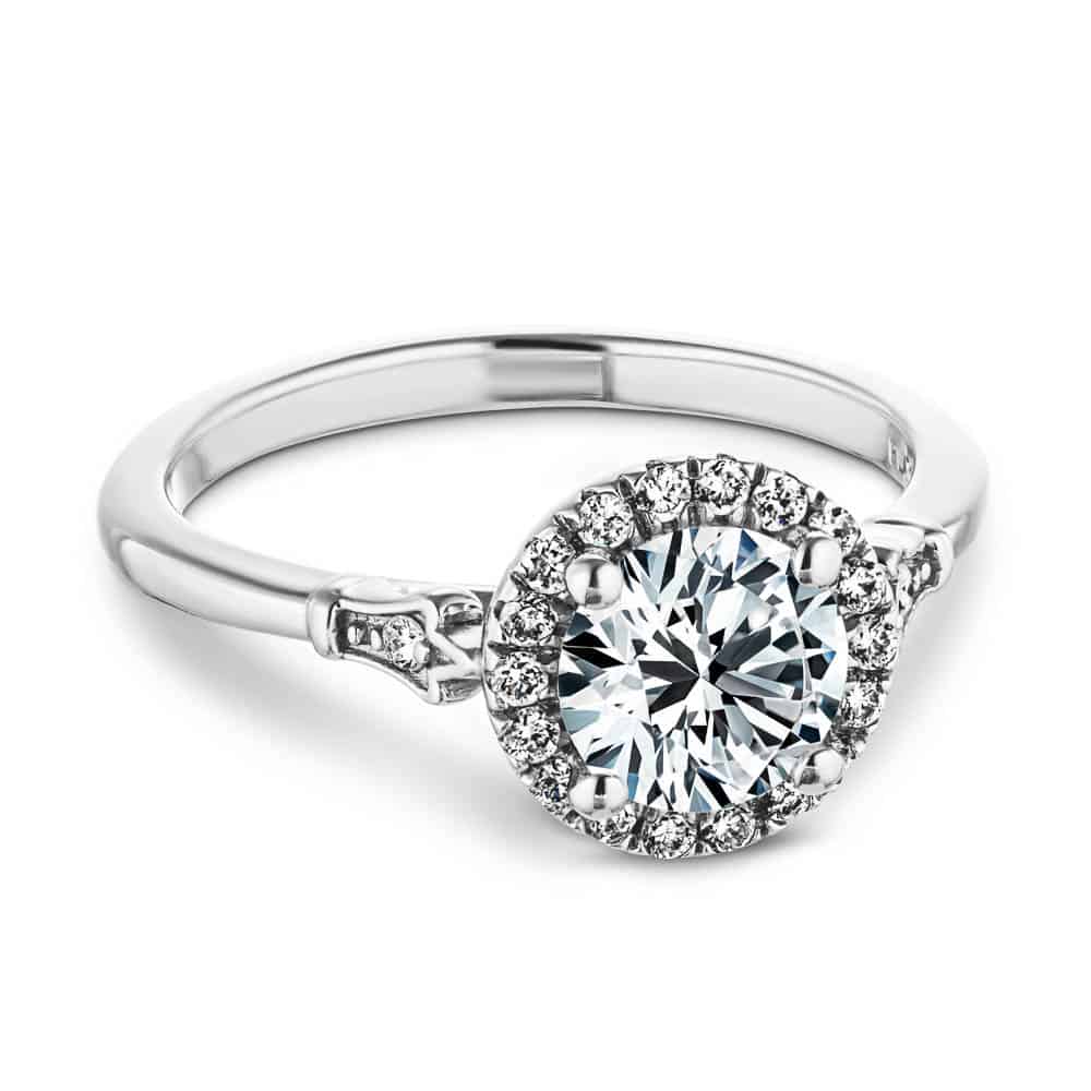 Shown with 1ct Round Cut Lab Grown Diamond in 14k White Gold|Elegant diamond halo engagement ring with 1ct round cut lab grown diamond in 14k white gold