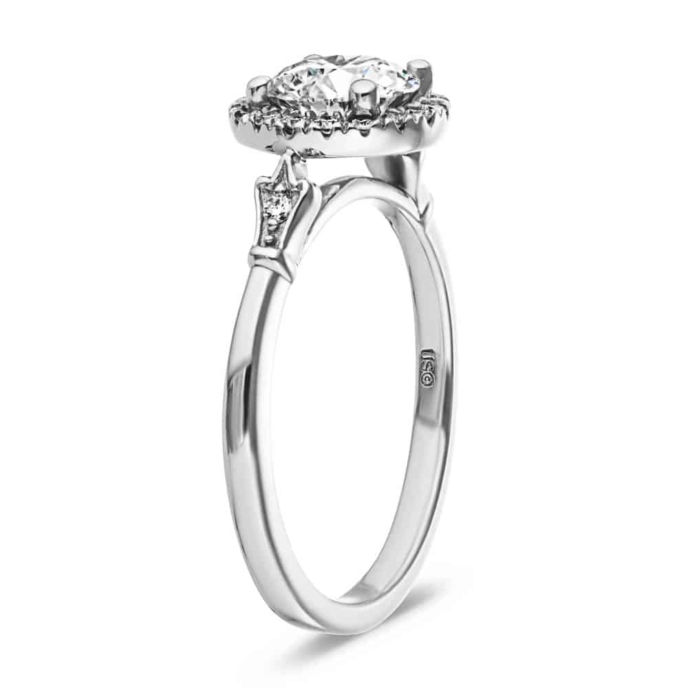Shown with 1ct Round Cut Lab Grown Diamond in 14k White Gold|Elegant diamond halo engagement ring with 1ct round cut lab grown diamond in 14k white gold