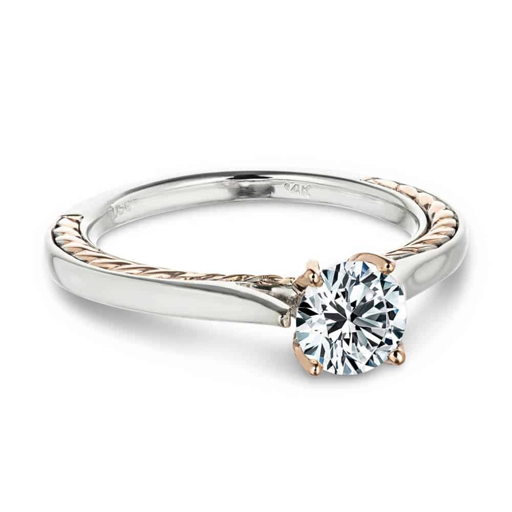 Shown with 1ct Round Cut Lab Grown Diamond in Two Tone 14k White Gold & 14k Rose Gold|Unique two tone solitaire engagement ring with inlay braided rope design set with 1ct round cut lab grown diamond in 14k white gold and rose gold