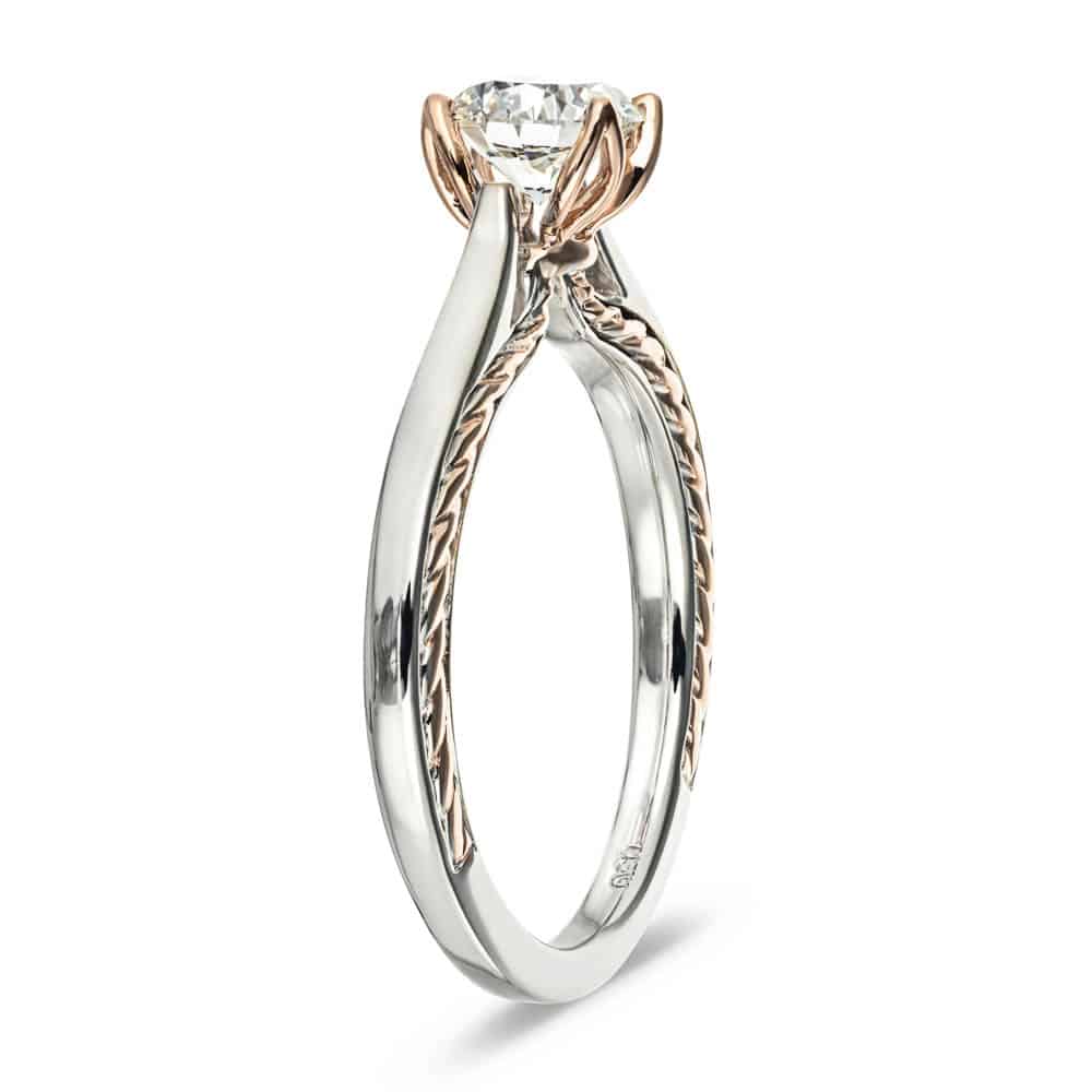 Shown with 1ct Round Cut Lab Grown Diamond in Two Tone 14k White Gold & 14k Rose Gold|Unique two tone solitaire engagement ring with inlay braided rope design set with 1ct round cut lab grown diamond in 14k white gold and rose gold