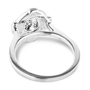Antique style engagement ring with milgrain detail diamond accented halo in 14k white gold shown from back