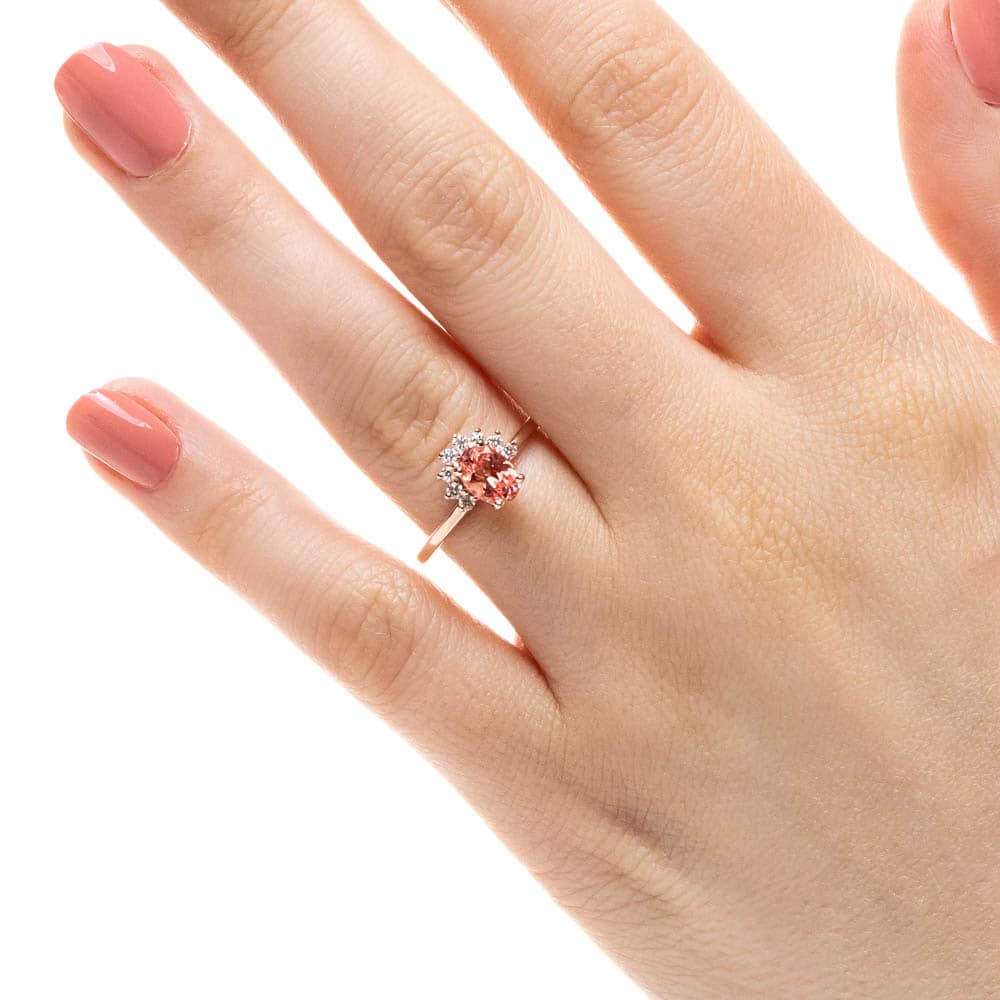 Shown with 1ct Oval Cut Lab Grown Champagne Pink Sapphire in 14k Yellow Gold