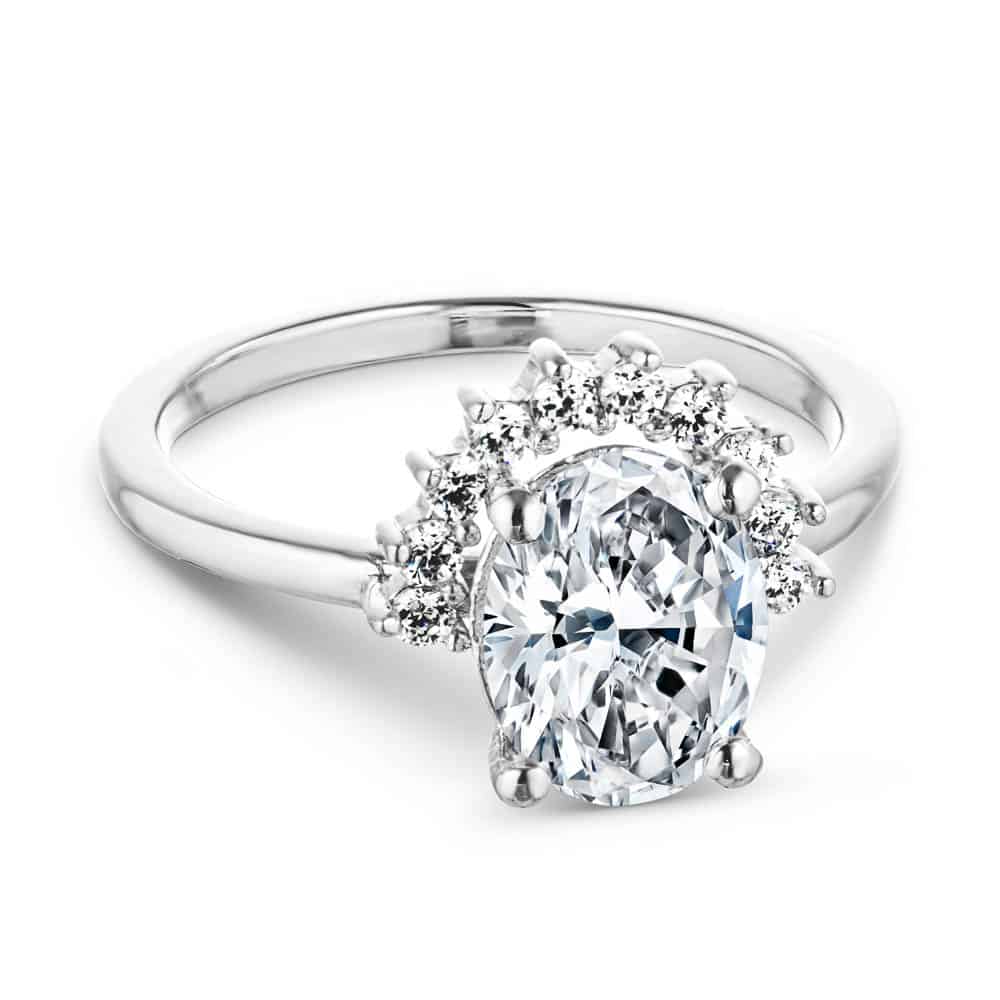 Shown with 1.5ct Oval Cut Lab Grown Diamond in 14k White Gold|Vintage style half halo engagement ring with 1.5ct oval cut lab grown diamond in 14k white gold