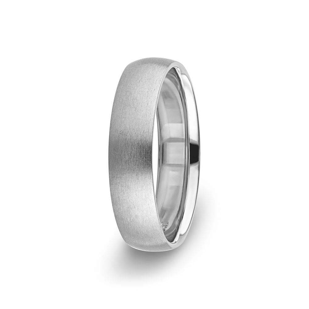 Canyon Wedding Band shown in a cross-satin finish, 5mm band width, recycled 14K white gold 