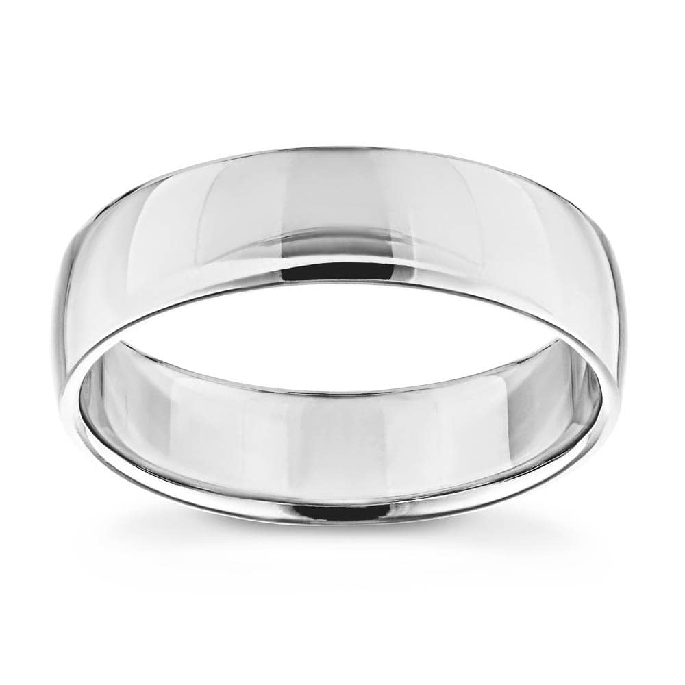 Canyon Men’s Wedding Band shown here in a polished finish in recycled 14K white gold. | Canyon recycled white gold men's wedding ring.