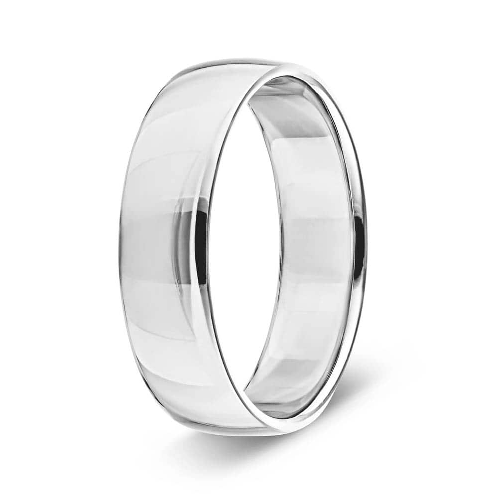 Canyon Men’s Wedding Band shown here in a polished finish in recycled 14K white gold. 