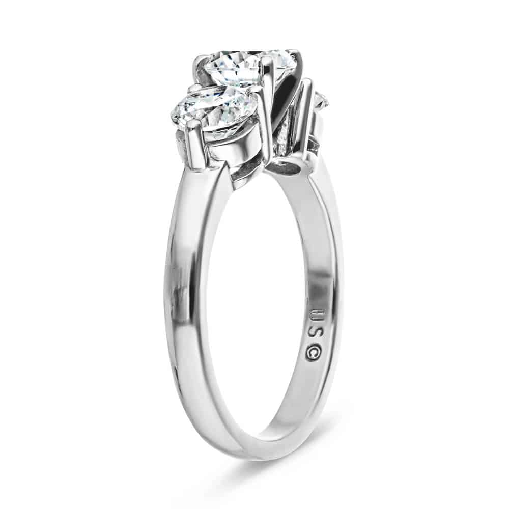 Shown with three Round Cut Lab Grown Diamonds in 14k White Gold|Three stone engagement with round cut lab grown diamonds in 14k white gold