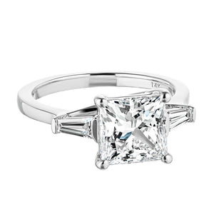 Beautiful three stone engagement ring with trellis set 2.5ct princess cut lab grown diamond amid baguette side stones in 14k white gold shown