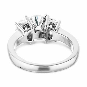 Three stone diamond engagement ring in 14k white gold shown from back