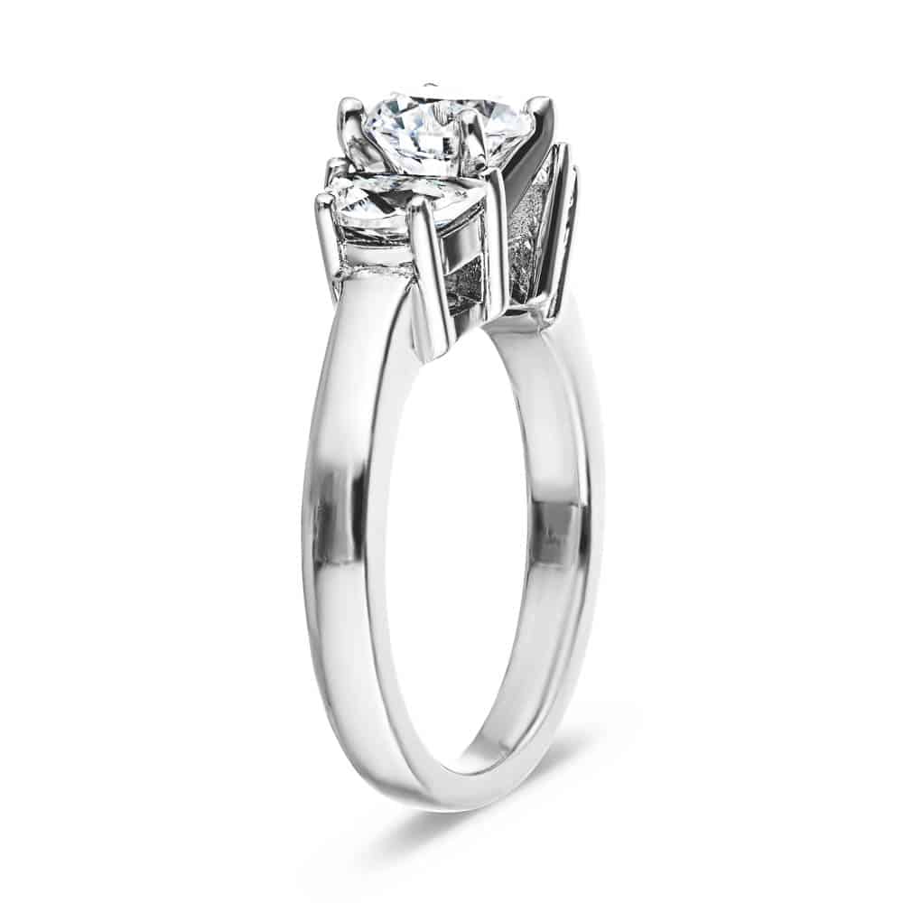 Shown with 1ct Round Cut Lab Grown Diamonds in 14k White Gold|Beautiful three stone engagement ring with 1ct round cut lab grown diamond with half moon cut diamond side stones in 14k white gold