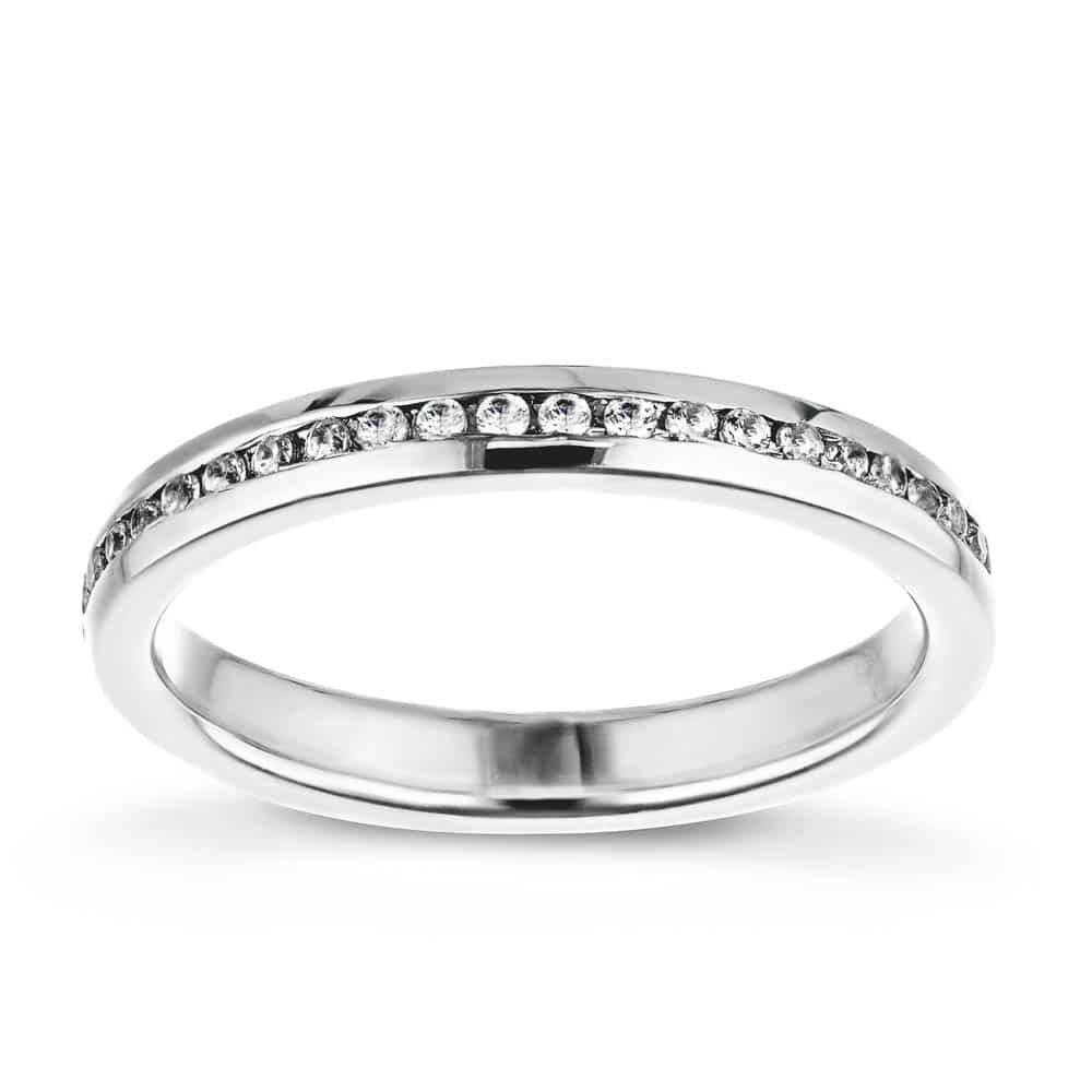 Channel Stackable Wedding Band with channel set recycled diamonds in recycled 14K white gold 