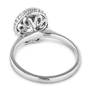 Antique style diamond accented halo engagement ring in 14k white gold shown from back
