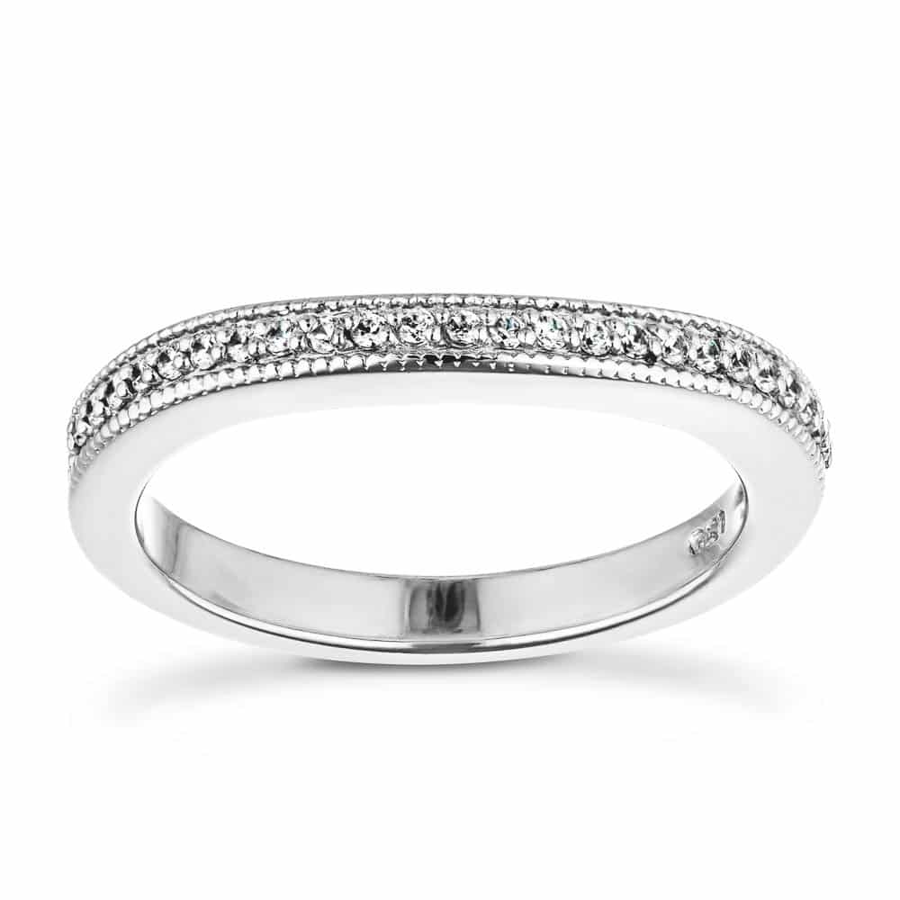 Milgrain detail wedding band with accenting stones in recycled 14K white gold
