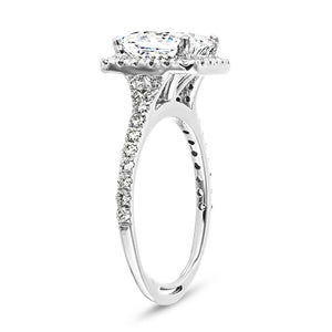 Antique style diamond accented halo engagement ring with 2ct princess cut lab created diamond in 14k white gold shown from side