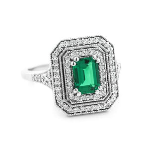 Antique style double diamond halo engagement ring with 1ct emerald cut lab created emerald in 14k white gold