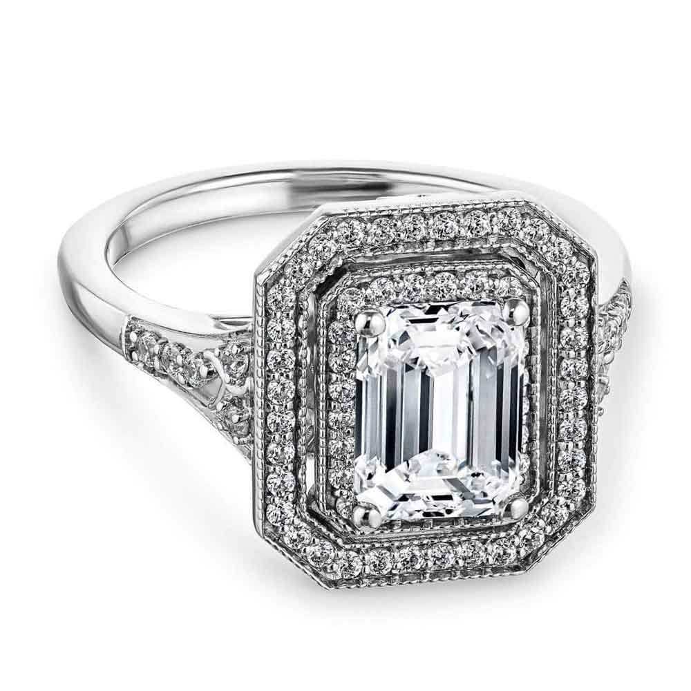 Shown with 1ct Emerald Cut Lab Grown Diamond in 14k White Gold|Antique style double halo engagement ring with 1ct emerald cut lab grown diamond in 14k white gold