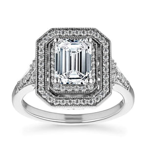 Antique style double diamond halo engagement ring with 1ct emerald cut lab grown diamond in accented 14k white gold