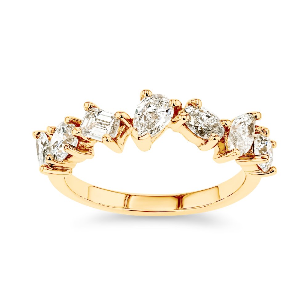 Shown in 14K Yellow Gold|fancy shape mixed lab grown diamond band in 14k yellow gold recycled metal
