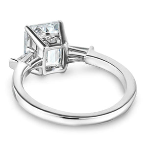 Baguette side stone engagement ring with 1ct emerald cut lab grown diamond in 14k white gold with peek-a-boo diamonds shown from back