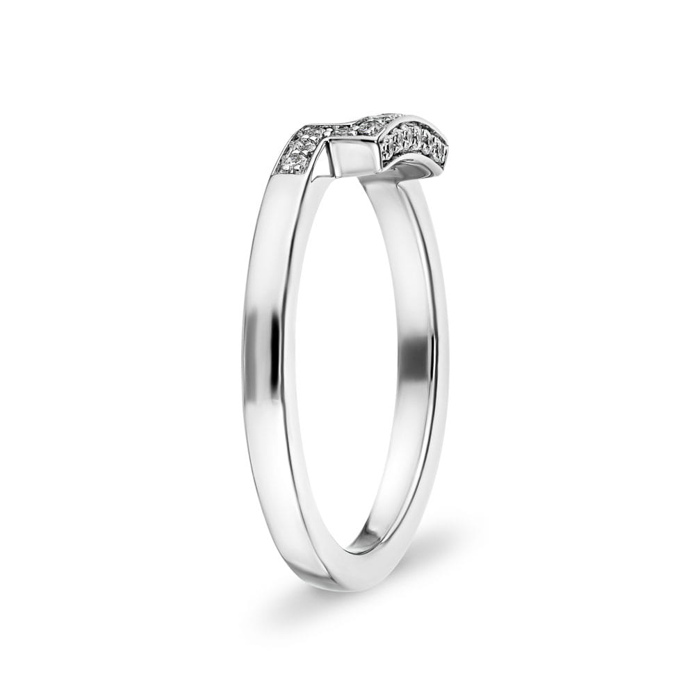 Curved wedding band with accenting diamonds made to fit the Cherish Engagement Ring in recycled 14K white gold 
