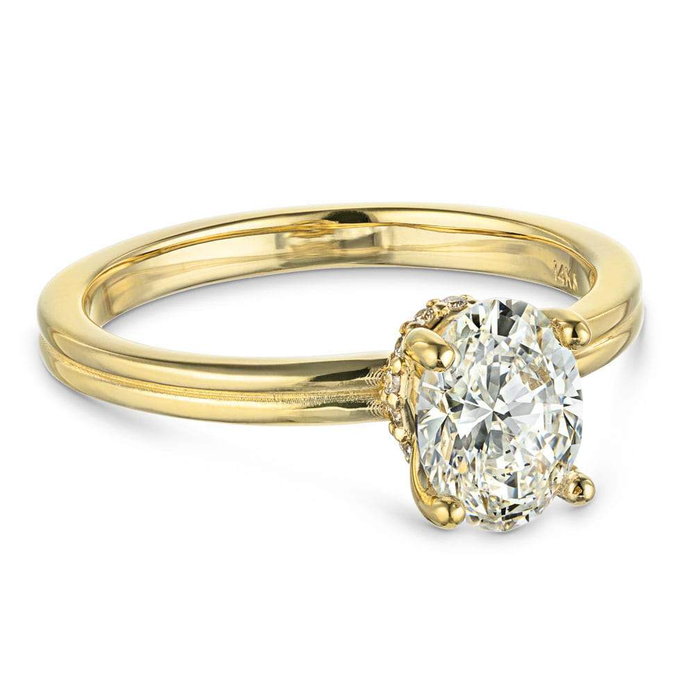Shown with 1.5ct Oval Cut Lab Grown Diamond in 14k Yellow Gold|Beautiful hidden halo engagement ring with 1.5ct oval cut lab grown diamond in 14k yellow gold