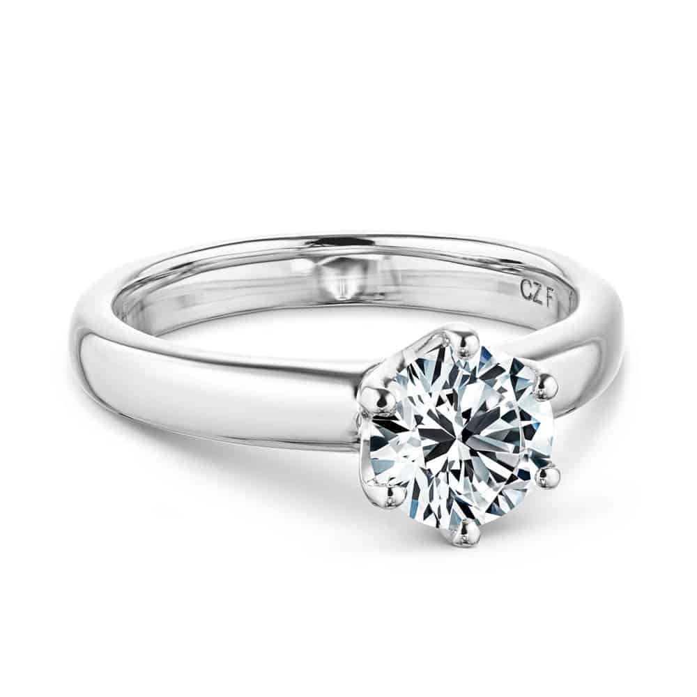 Shown with 1.5ct Round Cut Lab Grown Diamond in 14k White Gold|Classic solitaire engagement ring with 6 prong head set 1.5ct round cut lab grown diamond in 14k white gold