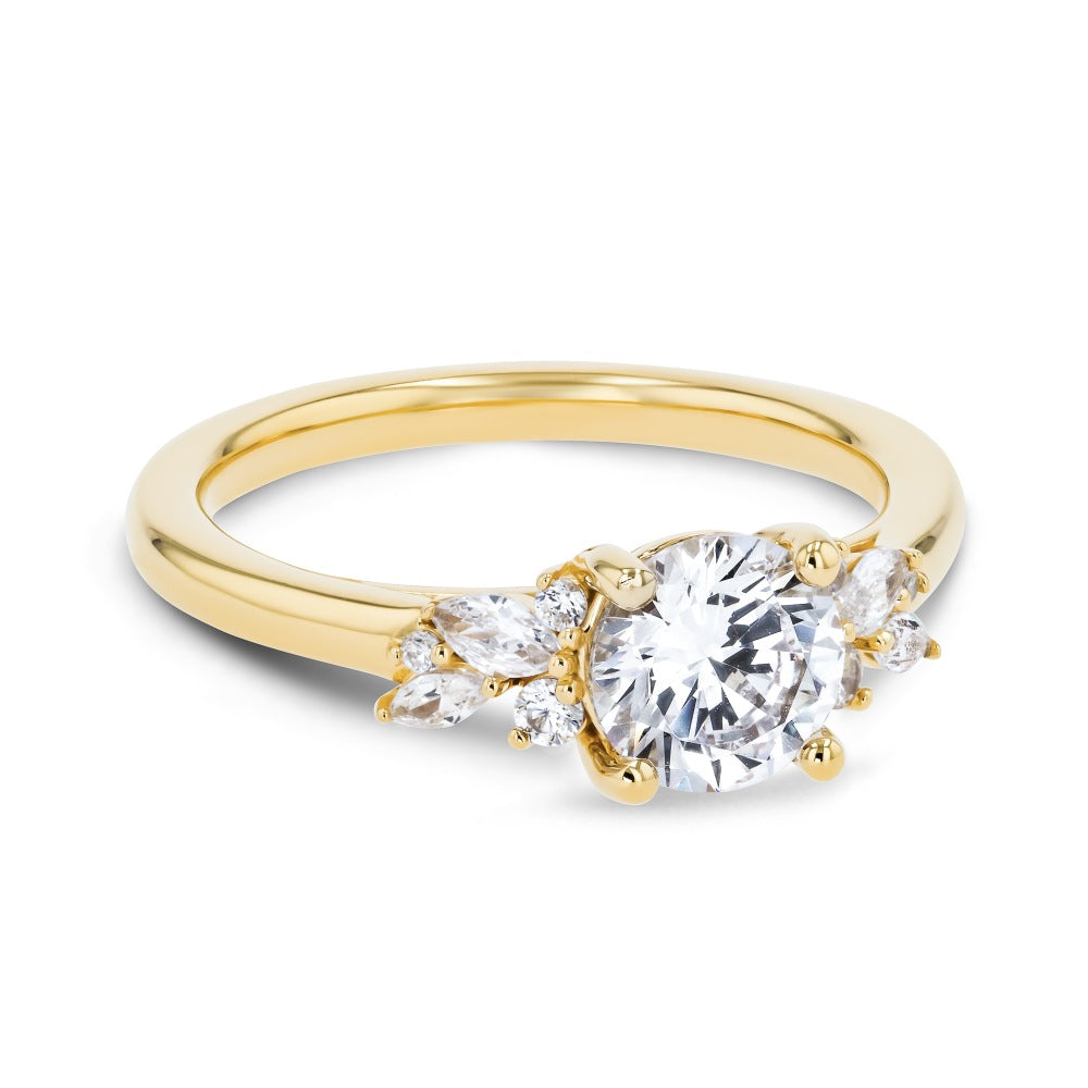 Shown here with a 1.0ct Round Cut Lab Grown Diamond center stone in 14K Yellow Gold|lab grown diamond accented engagement ring with lab grown diamond center stone set in 14k yellow gold recycled metal