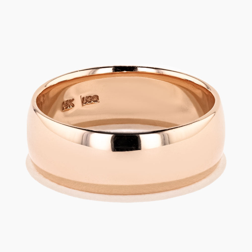 Comfort Fit Wedding Band shown in a high polish finish, 7mm band width in 14K rose gold | Comfort Fit Wedding Band high polish finish 7mm band 14K rose gold