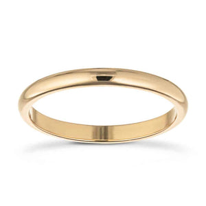  classic wedding band with a 2mm width cast in recycled 14K yellow gold