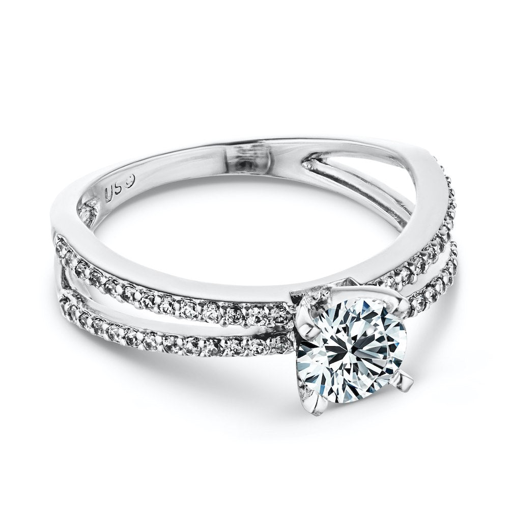 Shown with 1ct Round Cut Lab Grown Diamond set in 14k White Gold|Beautiful diamond accented split shank engagement ring with 1ct round cut lab grown diamond set in 14k white gold