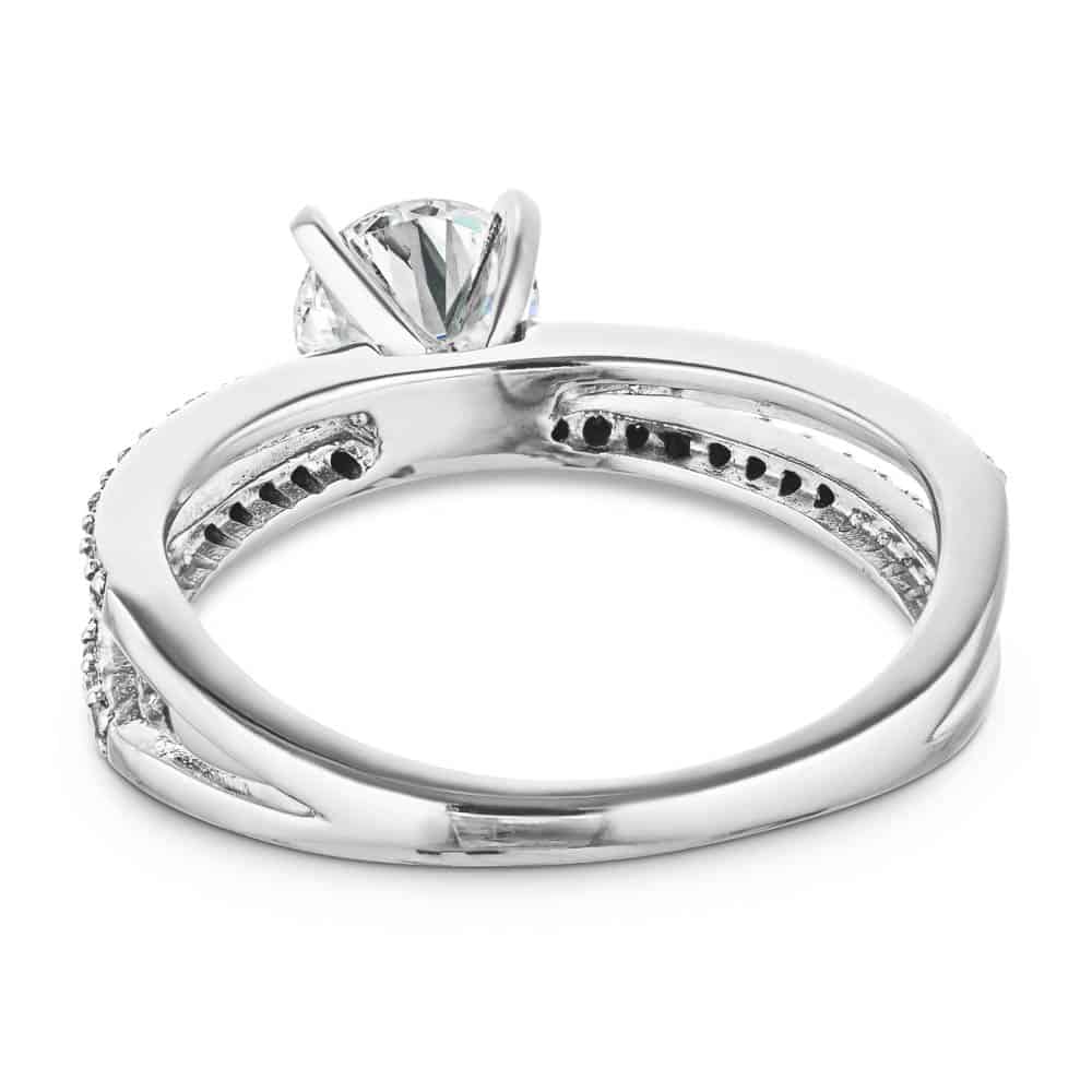 Shown with a 1.0ct Round cut Lab-Grown Diamond with a diamond accented split shank in recycled 14K white gold with matching wedding band| diamond accented engagement ring Shown with a 1.0ct Round cut Lab-Grown Diamond with a diamond accented split shank in recycled 14K white gold with matching band