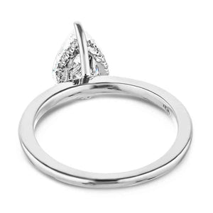 Hidden halo engagement ring with 1ct pear cut lab grown diamond in 14k white gold band shown from underneath