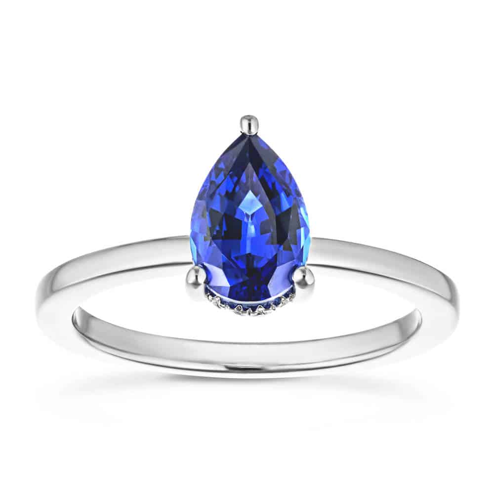 Shown with 1ct Pear Cut Lab Grown Blue Sapphire in 14k White Gold