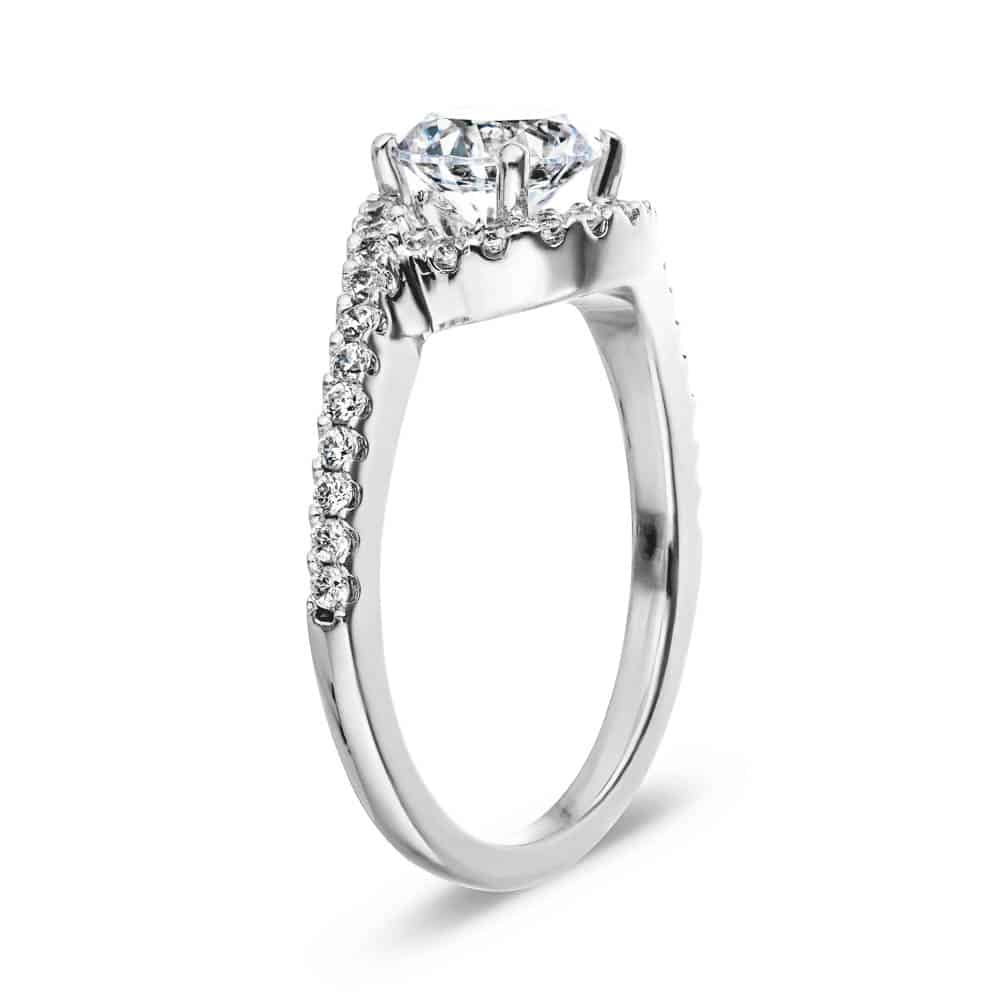 Shown with 1ct Round Cut Lab Grown Diamond in 14k White Gold|Elegant and beautiful diamond halo accented engagement ring with 1ct round cut lab grown diamond in 14k white gold