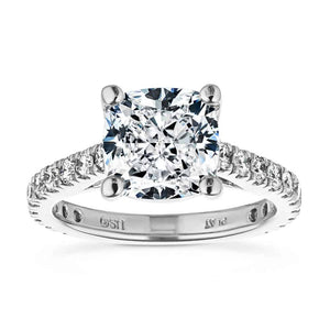 Diamond accented engagement ring with 1ct cushion cut lab grown diamond set in a four prong trellis in platinum shown from front
