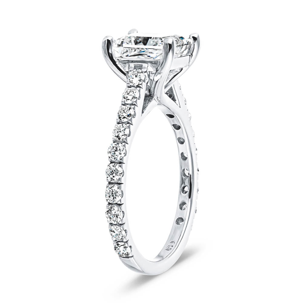 Shown with 1ct Cushion Cut Lab Grown Diamond in Platinum|Diamond accented engagement ring with 1ct cushion cut lab grown diamond set in a four prong trellis in platinum