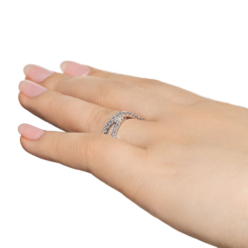 Diamond accented criss cross ring in recycled 14K white gold 