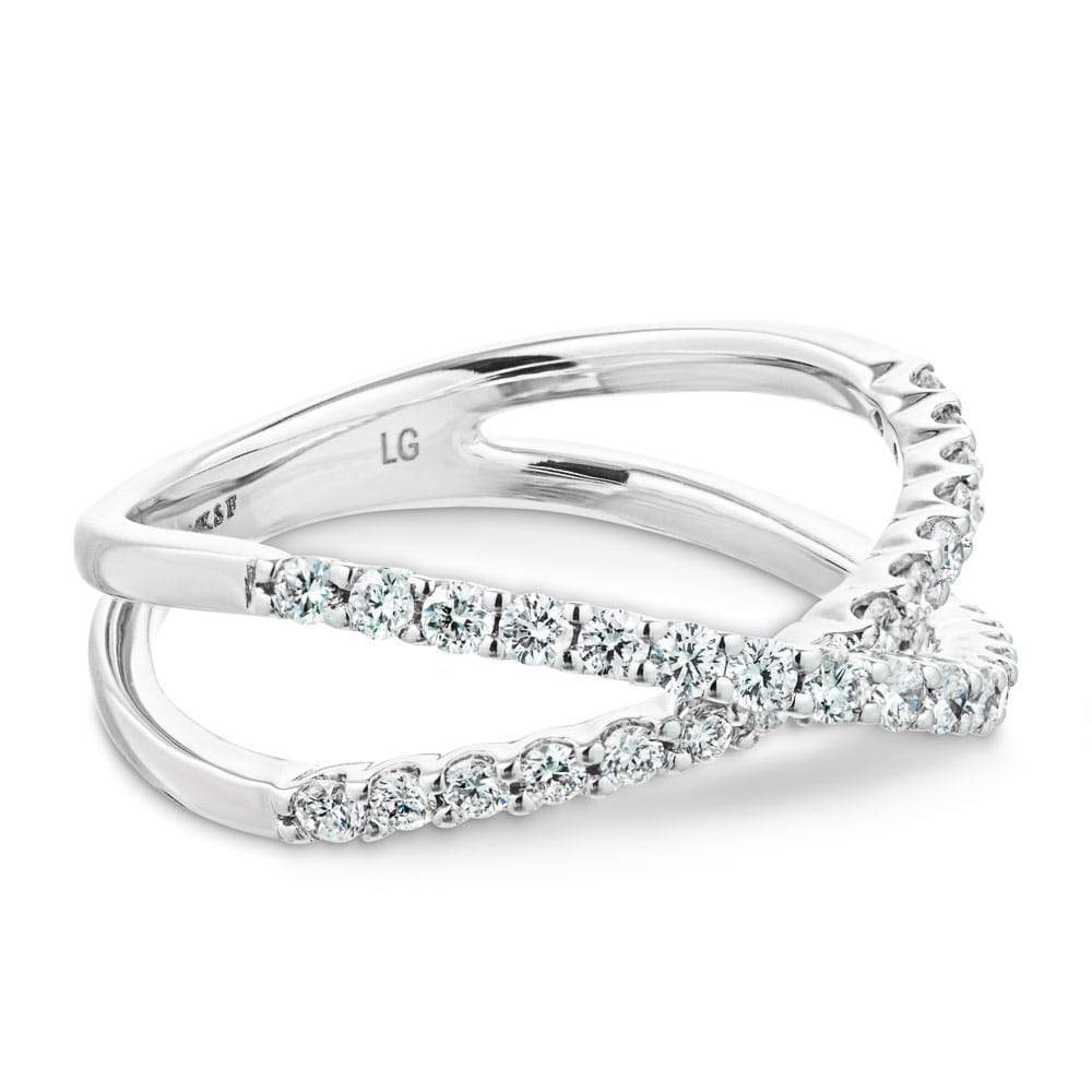 Diamond accented criss cross ring in recycled 14K white gold 