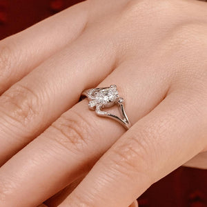 Sea turtle engagement ring with 1ct oval cut lab grown diamond in 14k white gold shown worn on hand