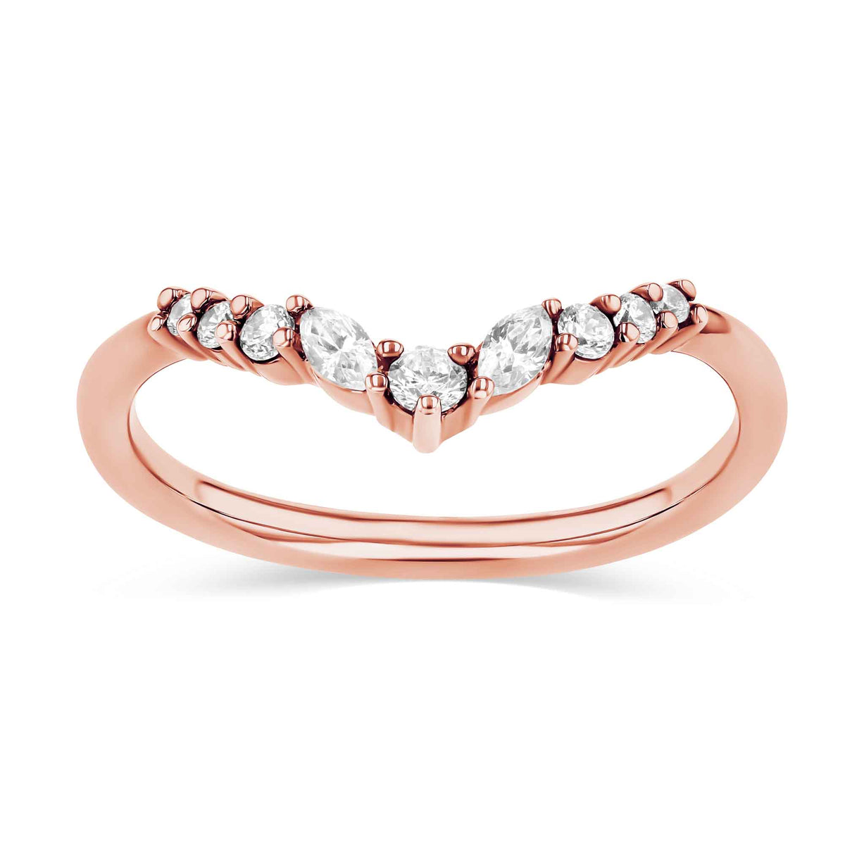 Shown in 14K Rose Gold|lab grown diamond beautiful accented contour wedding band in 14k rose gold metal