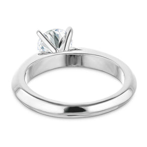 Simple solitaire engagement ring with cathedral design holding a 1ct round cut lab grown diamond in 14k white gold shown from back
