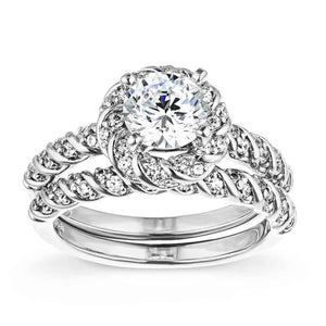 Twisted band halo wedding ring set with lab grown diamonds in 14k white gold