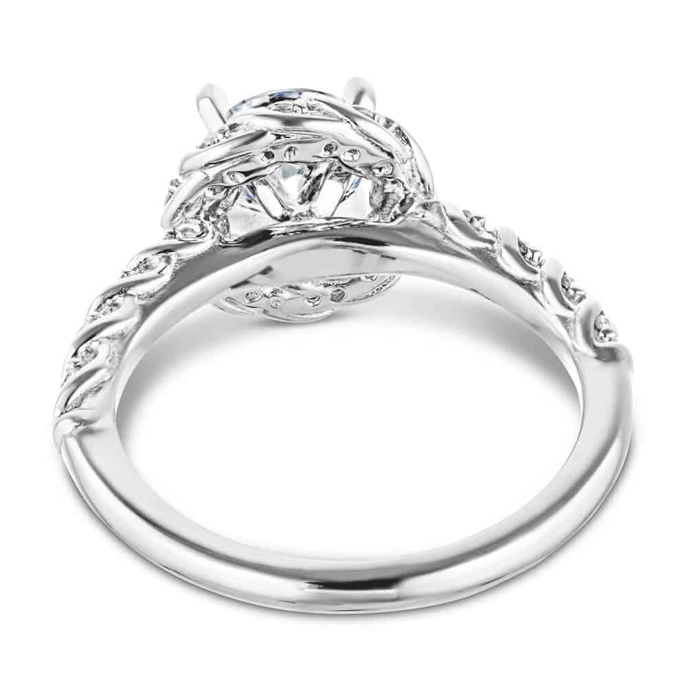 Shown with a 1.0ct Round cut Lab-Grown Diamond with diamond entwined halo and band in recycled 14K white gold with matching wedding band| engagement ring diamond accented halo and band 1.0ct round cut lab-grown diamond in recycled 14k white gold with matching band