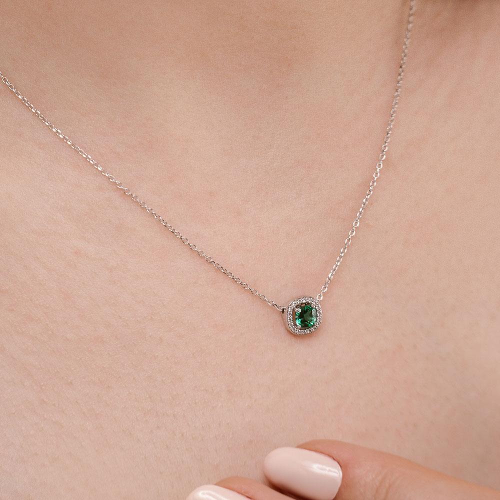 Diamond Halo Pendant shown with a 0.30ct Cushion cut Lab Created Emerald in 14K white gold 