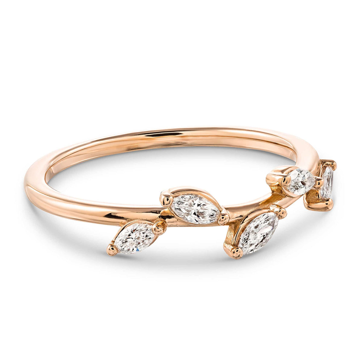 nature inspired leaf band with marquise cut lab grown diamonds in 14k rose gold